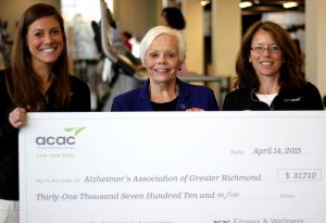 Left to right: Ali Madigen, Assistant General Manager of acac Short Pump, Sherry Peterson, CEO of the Alzheimer's Association Greater Richmond Chapter, and Joyce Steed, General Manager of acac Midlothian.